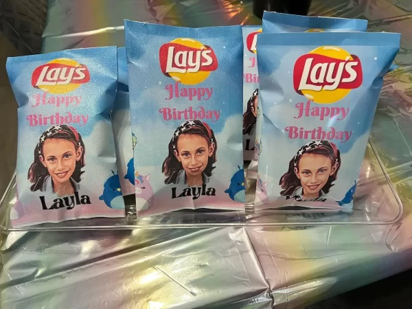 Custom Lay's potato chips featuring Layla's face.
