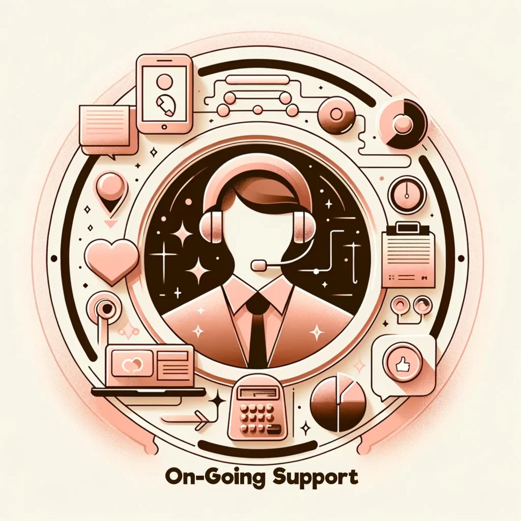 A man with headphones in a circle, representing on-going support.