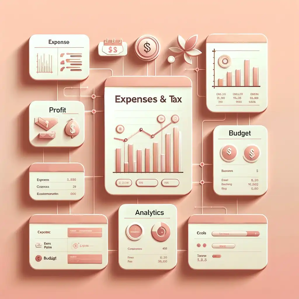 A set of business infographics on a pink background.