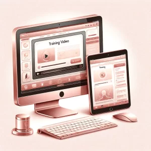 A pink computer screen with a pink mouse and keyboard.