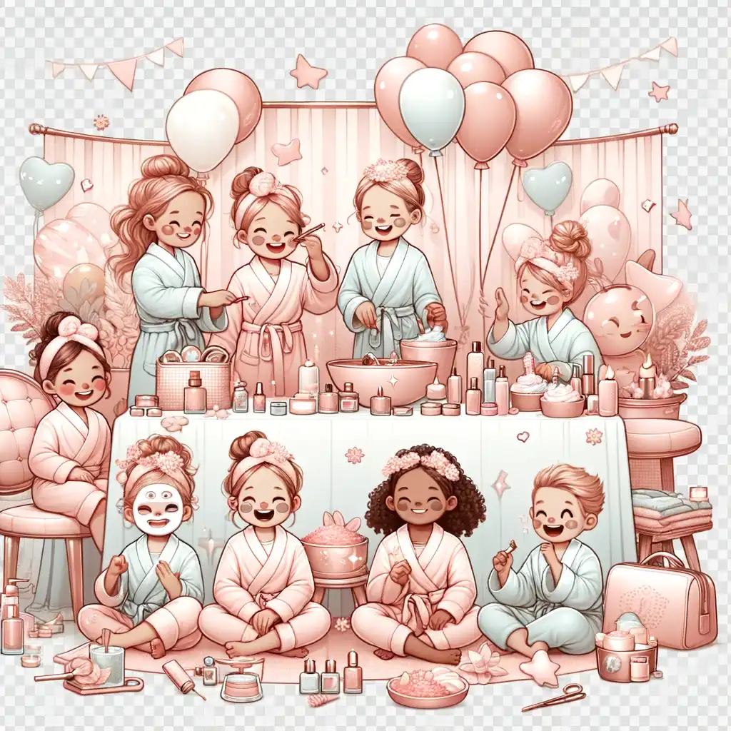 A group of girls engaged in spa activities, sitting around a table with balloons and watching DIY lip gloss training videos.