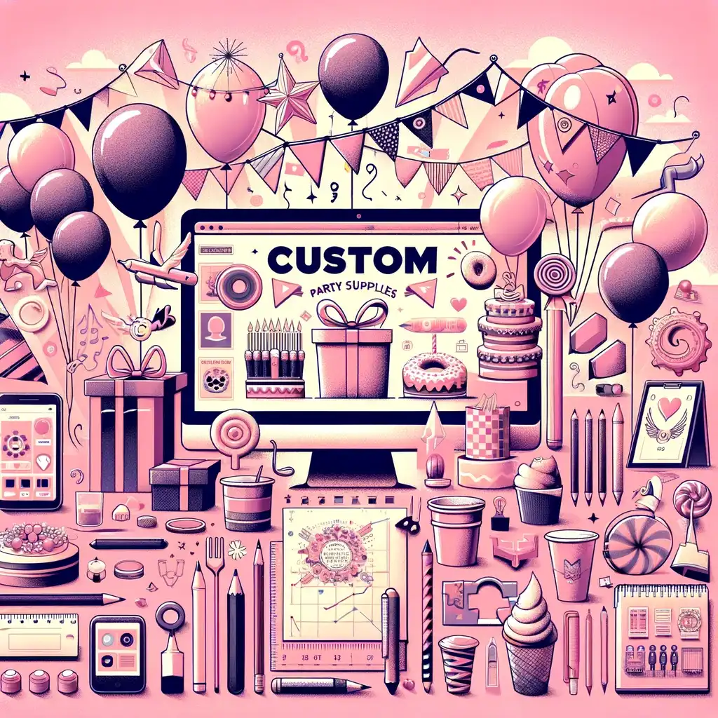A pink illustration of a birthday party with balloons and other custom products.