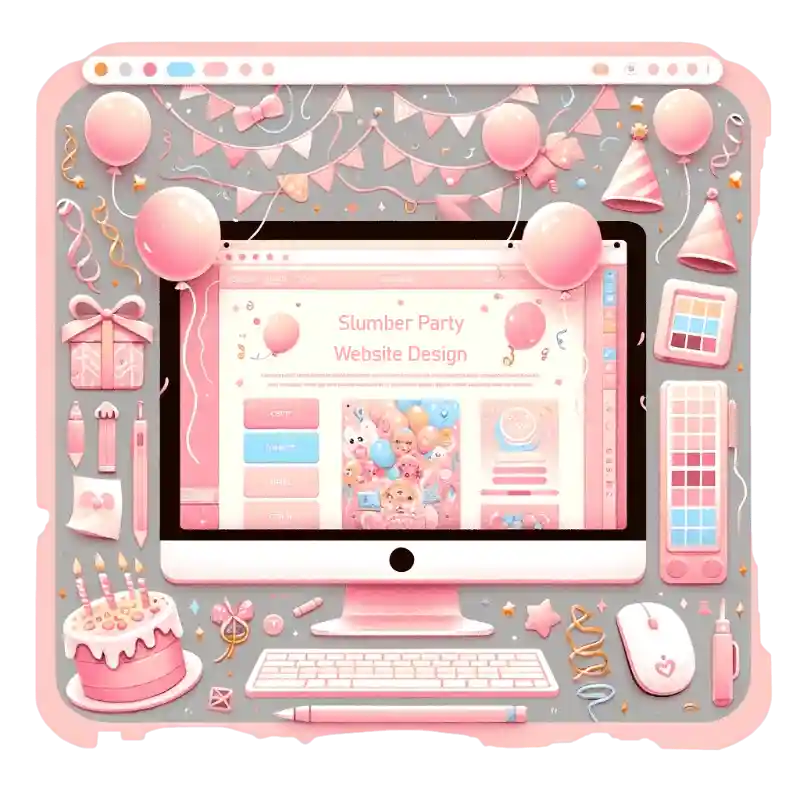 A pink computer screen with balloons and other decorations.