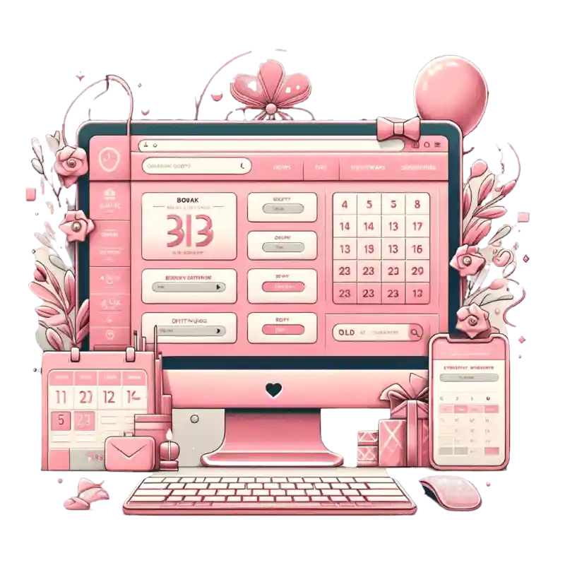 A pink computer screen with a pink calendar on it.