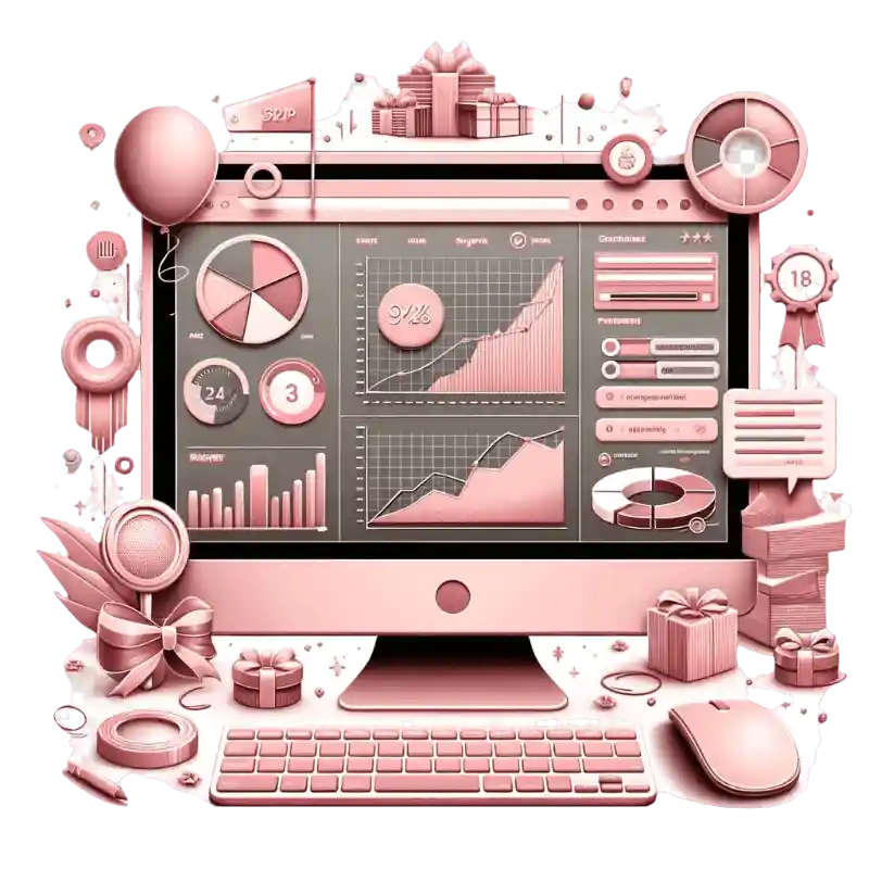 A pink computer screen with a variety of items on it.