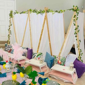 Teepee Sets decorated for a girl's slumber party birthday party. Perfect for All Ages.