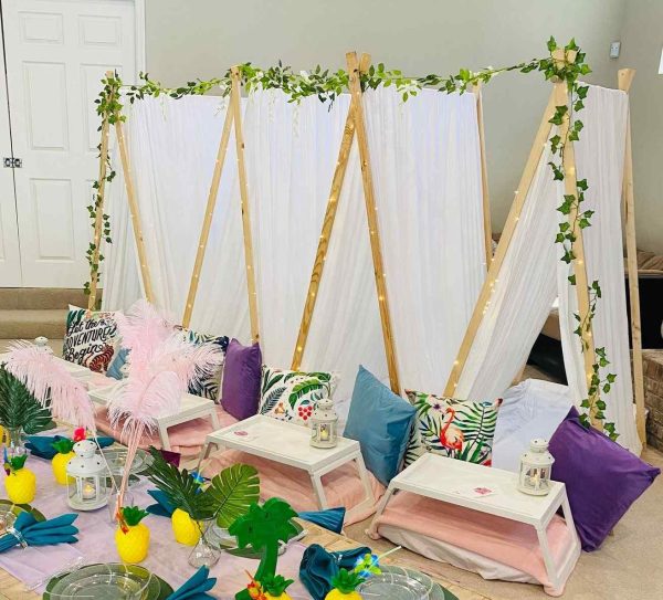 Teepee Sets decorated for a girl's slumber party birthday party. Perfect for All Ages.